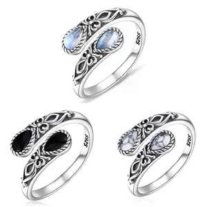 Vintage 925 Silver Adjustable Ring | Perfect Gift for Her | Boho Moonstone & Onyx Jewelry for Mom & Girlfriend