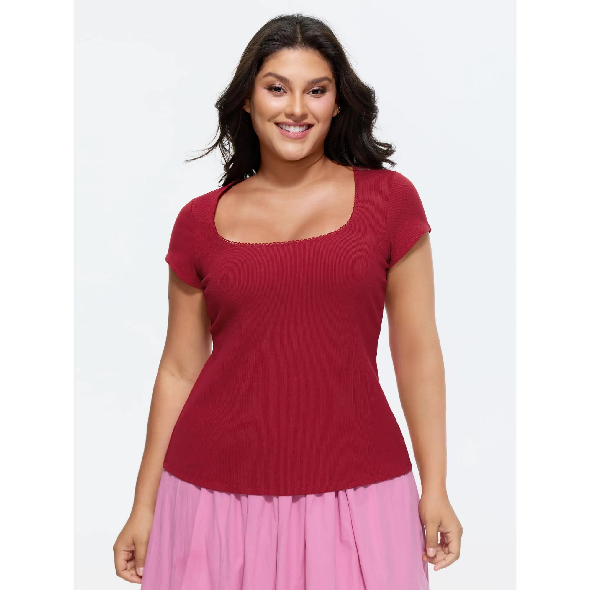 BLOOMCHIC Women's Plus Size Spandex Short-Sleeve T-Shirt - Supersoft Stretchy Fabric Garment, Scoop Neck, Plain Minimalist Flat Fit, Casual Top, Sizes M-6X, 2026 Summerfinds, Lace Trim, Tshirt, Plus Size Clothes