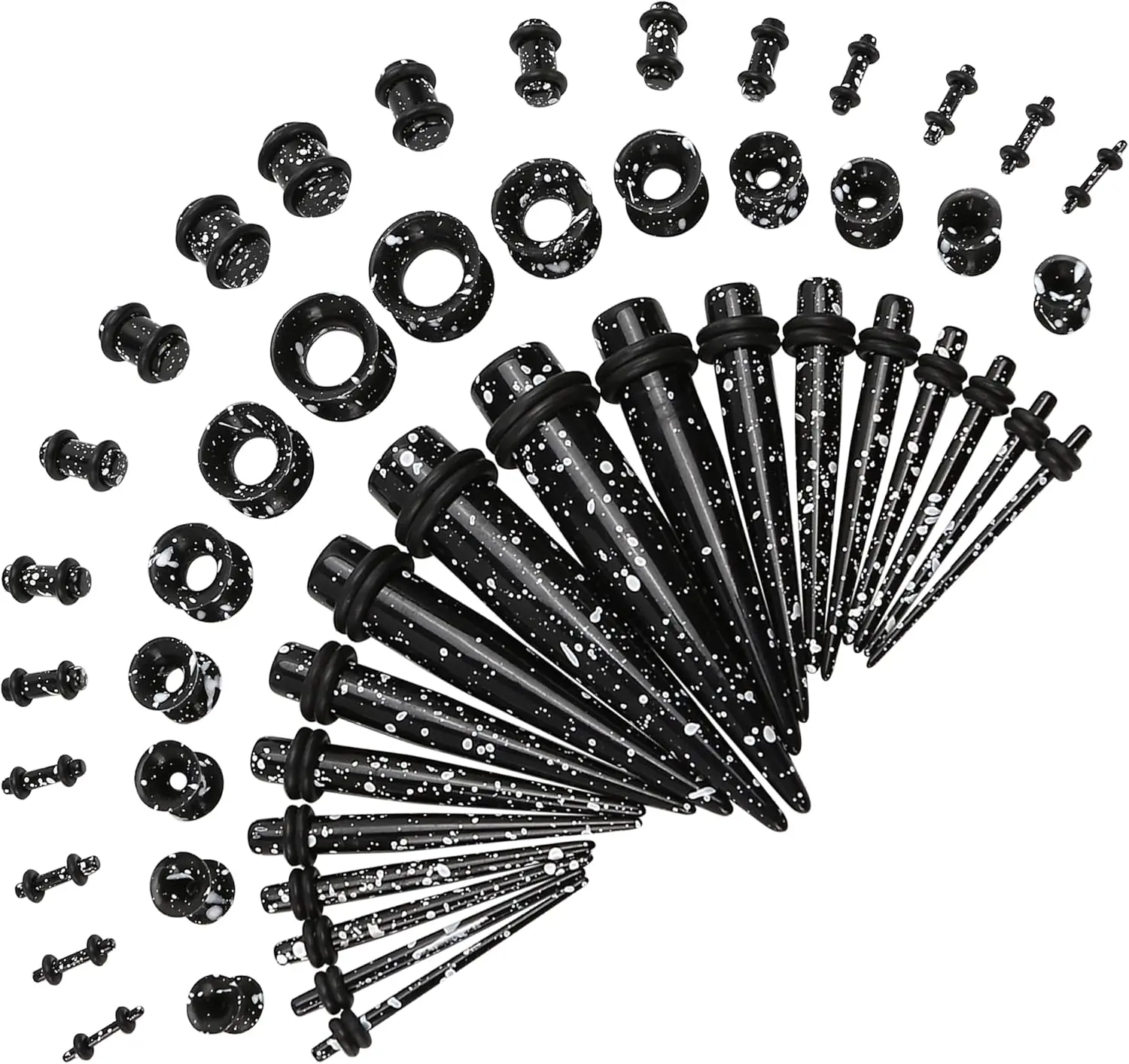 50-Piece Gauging Kit, Lightweight Acrylic Ear Stretching Jewelry with Tapers, Plugs & Tunnels, 14G-00G Starter Set for Women & Men, Black & White Splatter, 2G, 50Pcs, 6G