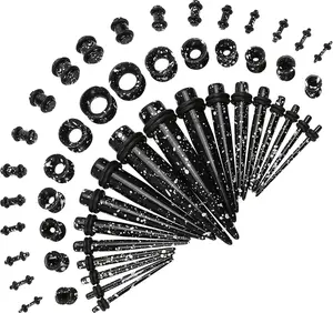 50pcs Ear Stretching Gauges for Beginners: Gauging Lobe Starter Tapers, Heart Tunnel Earrings, Lightweight Acrylic Plugs, 14G-12mm Piercing Expanders for Women and Men (Black & White Splatter)