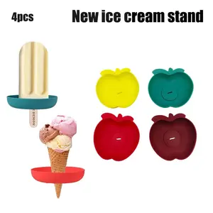 4-Piece Ice Cream Stand Set, Child-Proof Apple Design, Silicone Ice Pop Holder, Leak-Proof, Keeps Hands Clean, Perfect for Kids