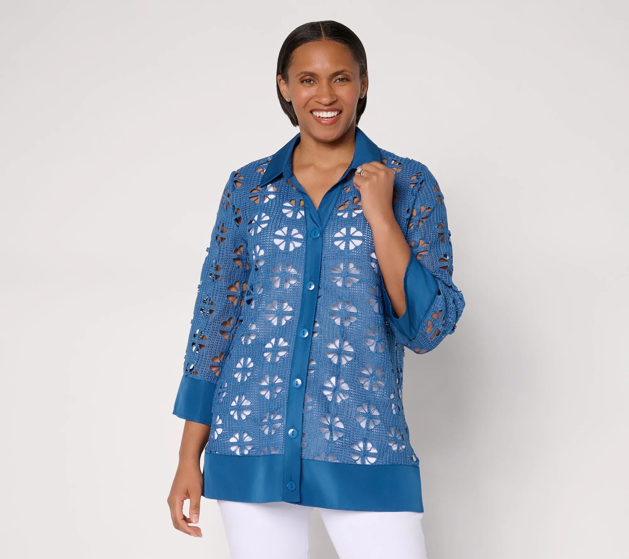 Dennis Basso Regular Button Front Crochet Tunic