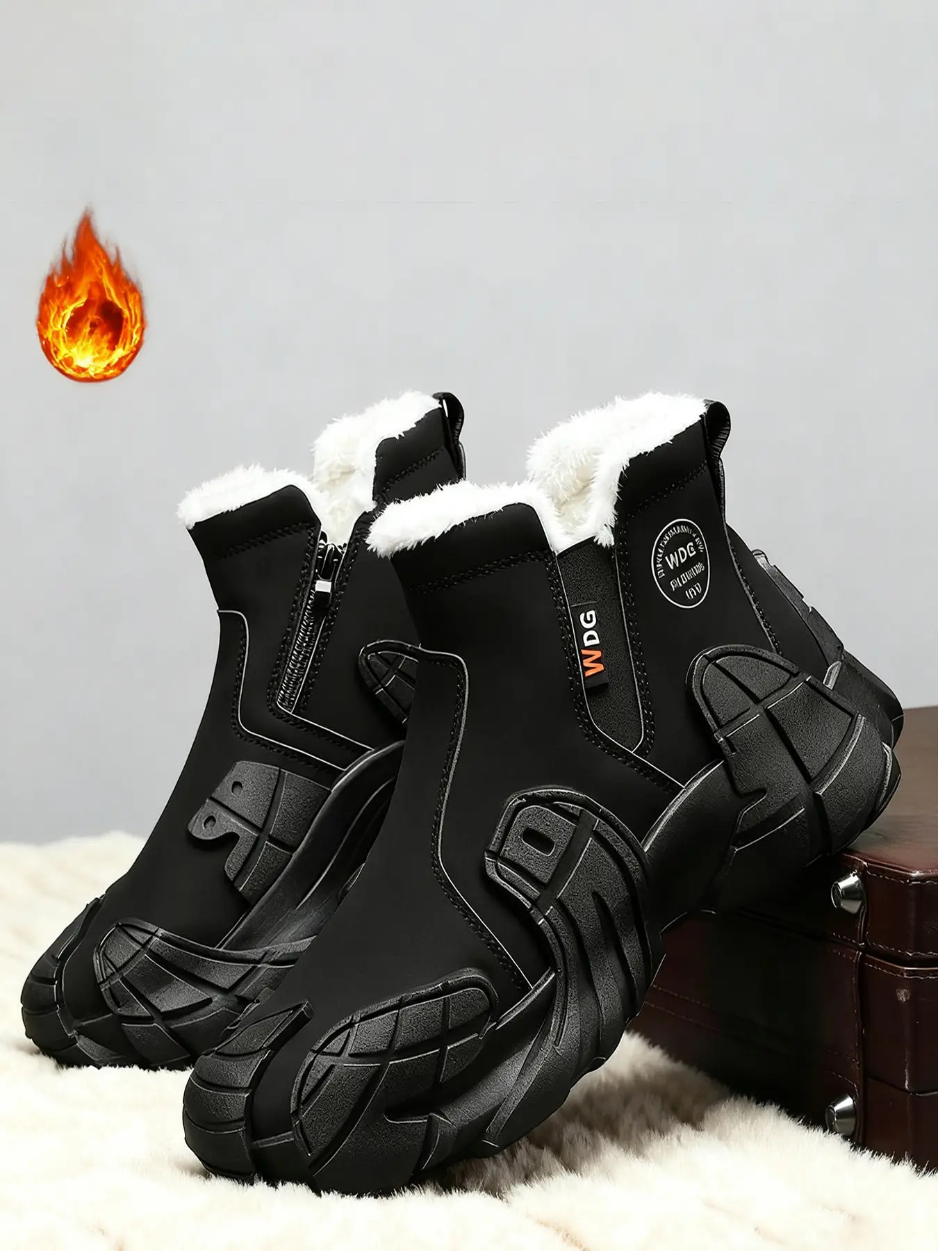 Sporty Men's Solid Color Thermal Lined Zipper Waterproof Outdoor Running Shoes, Casual Comfortable High Top Sports Shoes for Outdoor Activities, Valen