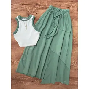 Women's Contrast Color Sleeveless T-Shirt And Mini Skirt 2pcs Set,Ladies Casual Contrast Binding,Drawstring,Knot Sleeveless Slim Fit Green Pants Women Two-Piece Outfits.,Spring/Summer,Casual Daily Wear Minimalist Short Basic Comfort Womensw