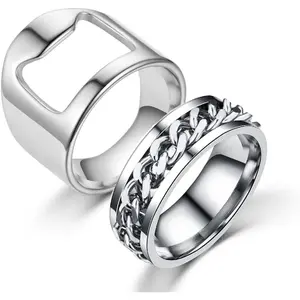2pcs Stainless Steel Bottle Opener Rings Set Spinner Chain Thumb Beer Bar Opening Ring for Men Women Creative Party Jewelry