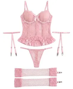 Floral Lace Mesh Lingerie Set Teddy Babydoll Bodysuit with Garter Belts Panty