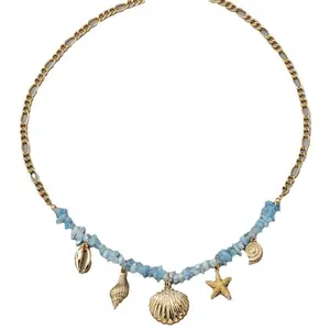 Summer Beach Style Faux Crystal Beaded Necklace – Seashell & Starfish Pendant, Heart Tassel Choker, Perfect for Vacation Parties
