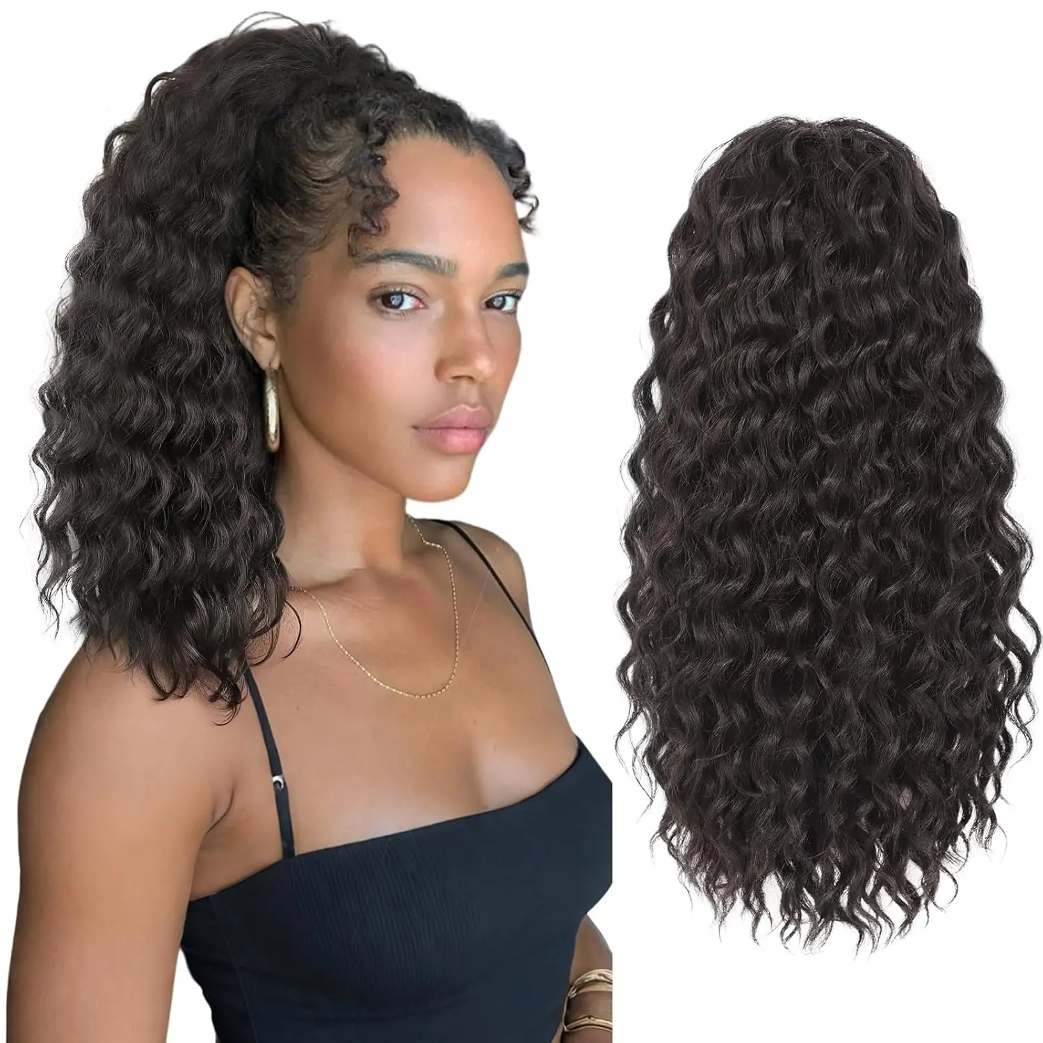 Culy Ponytail Extension 16 Inch  Black Drawstring Ponytail Extension for Women Fluffy  Looking Synthetic Hairpiece Long wavy Pony Tails Hair extensions for Daily Use