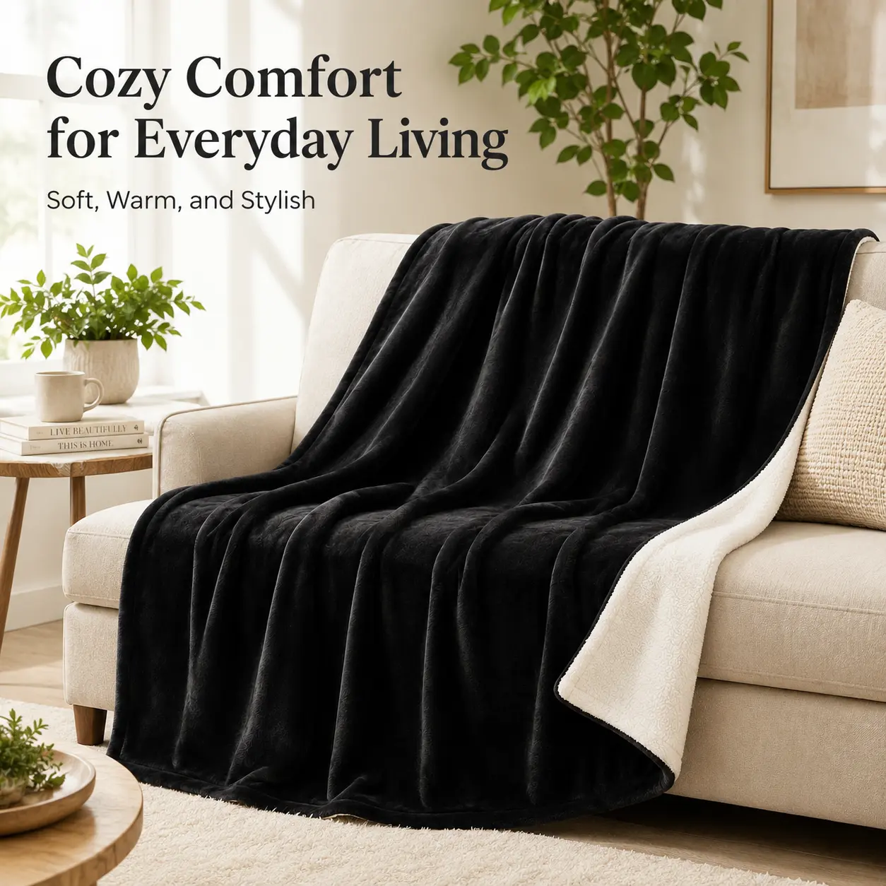 Black Fleece Flannel Throw Blanket - Soft Flannel, Cozy, Lightweight, Classic Minimalist Multi-Size Solid Cover with 1-Sided Black & Plain White Reverse, Warm All-Season Home/Room Decor for Adults (Bed/Couch Use) Gift