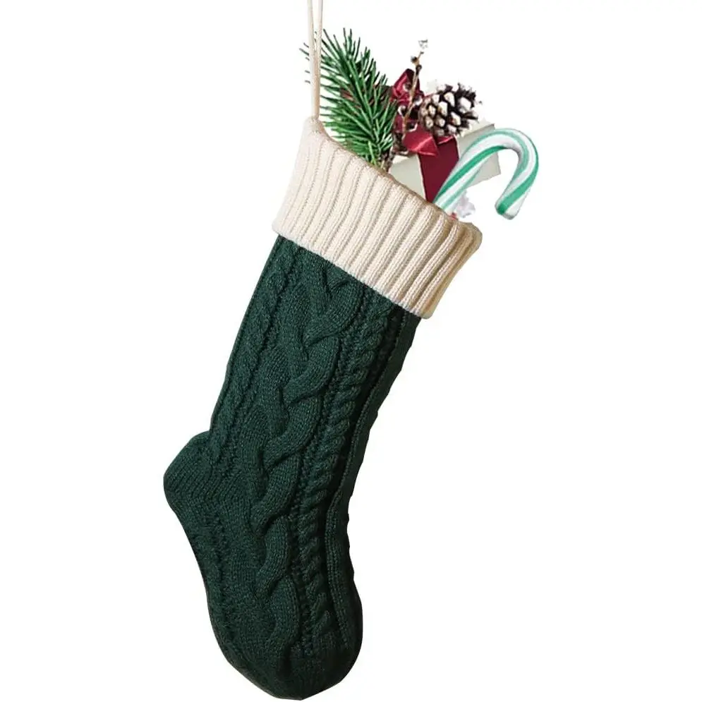 18 in Knitted Fabric Christmas Stocking - Green (Body) + Ivory (Mouth), Comfortable Decorative Holiday Home Decor, Festive Gift for Family (Pack 1)