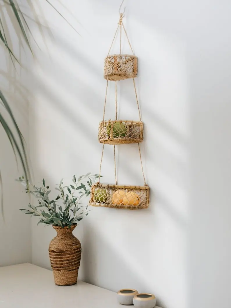 3 tier hanging basket - Hanging woven baskets - Set of 3 hanging baskets - Fruit hanging basket - Wall hanging baskets decor| rattan shelf