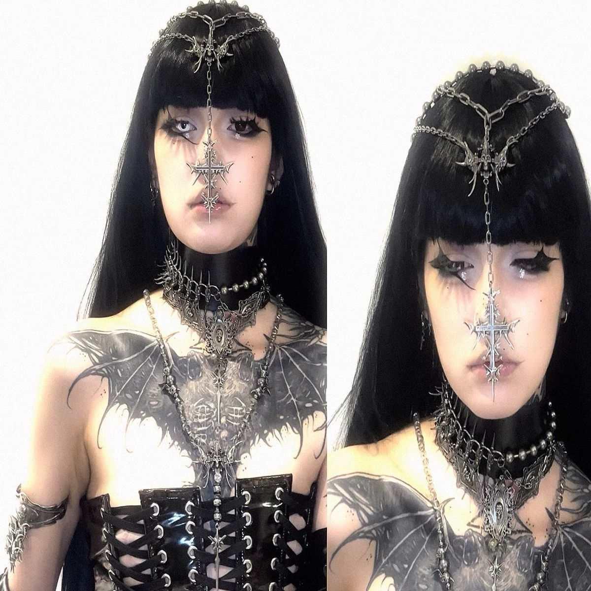 Dark Aesthetic Gothic Spiked Skull Choker Irregular Beaded Chain Necklace