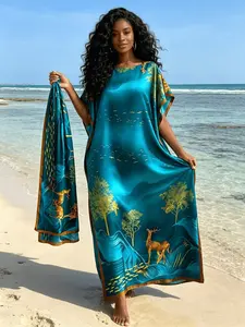1 Dress + 1 Scarf Set, Bohemian Style Loose-Fitting Long Robe Dress, All over Print Deer, Lightweight Luxury Resort Wear, Casual Party