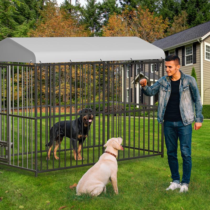 Heavy Duty Outdoor Dog Kennel with Roof – Large 8x4x6FT Galvanized Metal Dog House with Secure Lock,UV & Water-Resistant Black Cover Pet Enclosure for Garden or Backyard