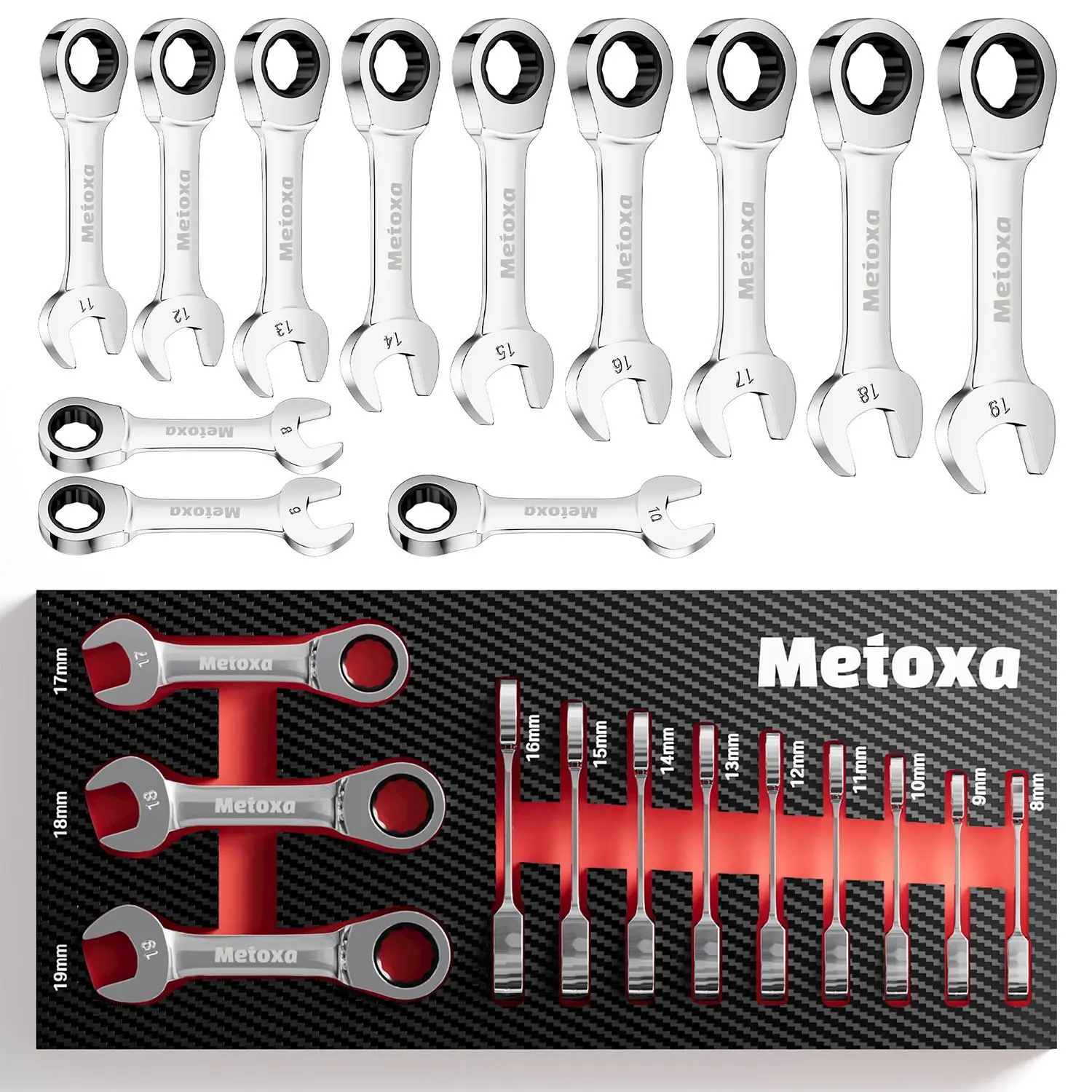METOXA Live Auction Christmas Gift 12-Piece Metric Stubby Ratcheting Wrench Set (8-19mm) - 90-Tooth CR-V Steel Industrial Spanners with EVA Tray | Perfect Xmas Gift for Men Dad Mechanics[Item-11],toolupgrade