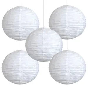 BULK PACK (5) 16 Inch White Round Crepe Paper Lanterns, Parallel Ribbing, Hanging Decoration