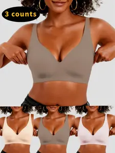 Pack of 3 Jelly Wireless Womens Comfortable Casual Wireless Bras Push Up Bralettes Seamless Tshirts Bras Deep V Everyday Bras