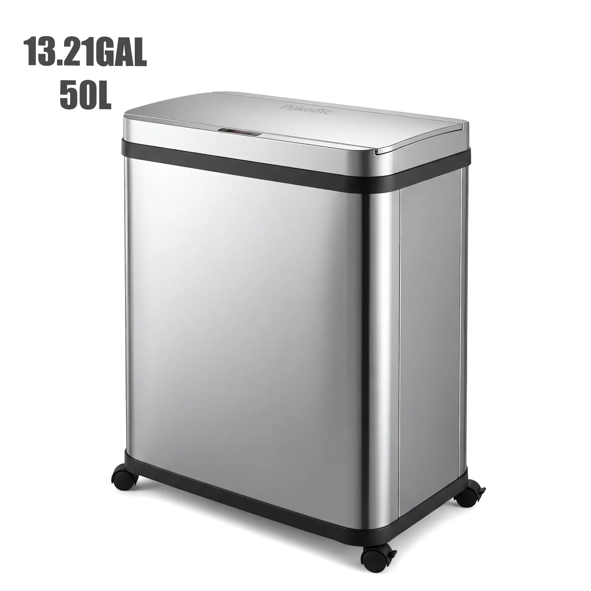 Pukomc 50L(13.21Gal) Large Capacity Stainless Steel Kitchen Compost Trash Can, Touchless Motion Sensor Automatic Lid, Equipped with 4 Universal Casters (2 Lockable Brake Wheels), Movable Waste Garbage Bin for Home Kitchen Use