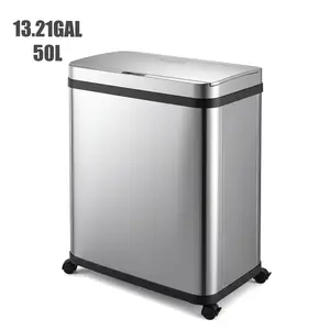 Pukomc 50L(13.21Gal) Large Capacity Stainless Steel Kitchen Compost Trash Can, Touchless Motion Sensor Automatic Lid, Equipped with 4 Universal Casters (2 Lockable Brake Wheels), Movable Waste Garbage Bin for Home Kitchen Use