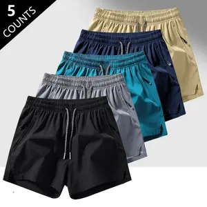 5 Pack Men's Casual Comfort Shorts, Quick Dry Solid Color Outdoor Beach Shorts with Zipper Pockets & Drawstring, Summer Gym Workout Shorts for Training