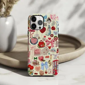 "Vintage Bunny Heart Pattern Phone Case – Retro Romantic Bow Design, Cute Aesthetic Cover, Fits iPhone 15/16/17 Series "