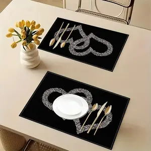 1pc/4pcs/6pcs Heart-Shaped Placemats, Size 12*18 Inch Rectangular, Polyester Material Table Mats, Black Rectangular Table Mats, Very Suitable for Home Kitchens, Restaurants Or Party Venues