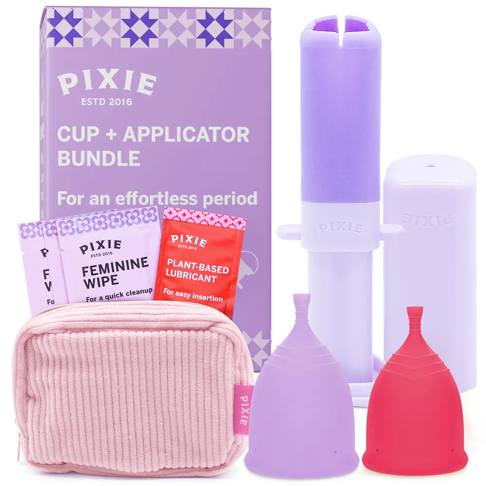 Pixie 2 Menstrual Cups and Applicator Bundle for Feminine Care - 100% Medical-Grade Silicone - Softest Reusable Period Cup - Inserts Like a Tampon - Capacity of 4 and 6 Tampons