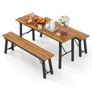 Spaco  Outdoor Patio Dining set Foldable Table Legs with Bench for 4, 3 Pieces Patio Outdoor Table Set for Backyard Deck Porch Outside, Acacia Wood Table and Benches Teak