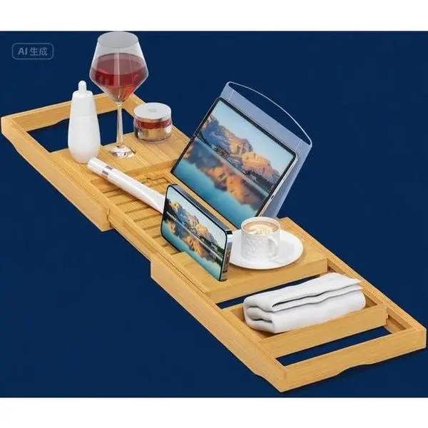 Expandable Waterproof Bamboo Bath Tray with Book Holder - Wooden Bathtub Caddy for Tablet, Wine - Reusable Spa Accessory - Natural Bathroom Organizer - Ideal Home & Self-Care Gift
