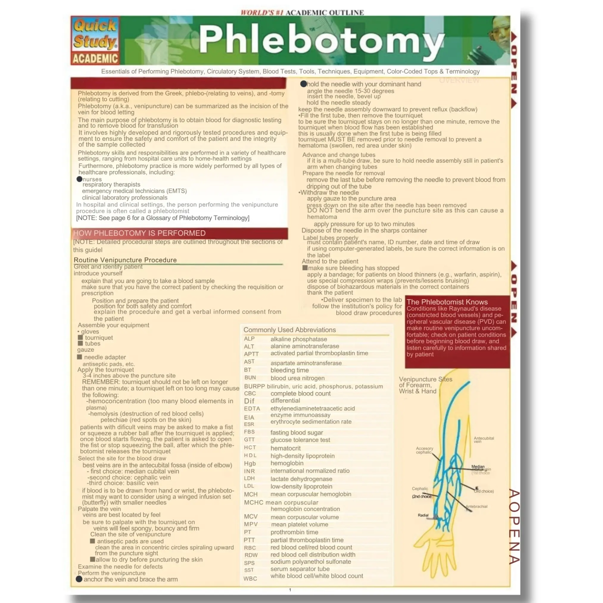 Phlebotomy QuickStudy Laminated Reference Guide - 6 Pages, Easy-to-Read, Glossary Included, Diagrams and Tables, Safe and Comfortable Venipuncture Resource for Healthcare Professionals (Perform Routine Venipuncture Procedure)