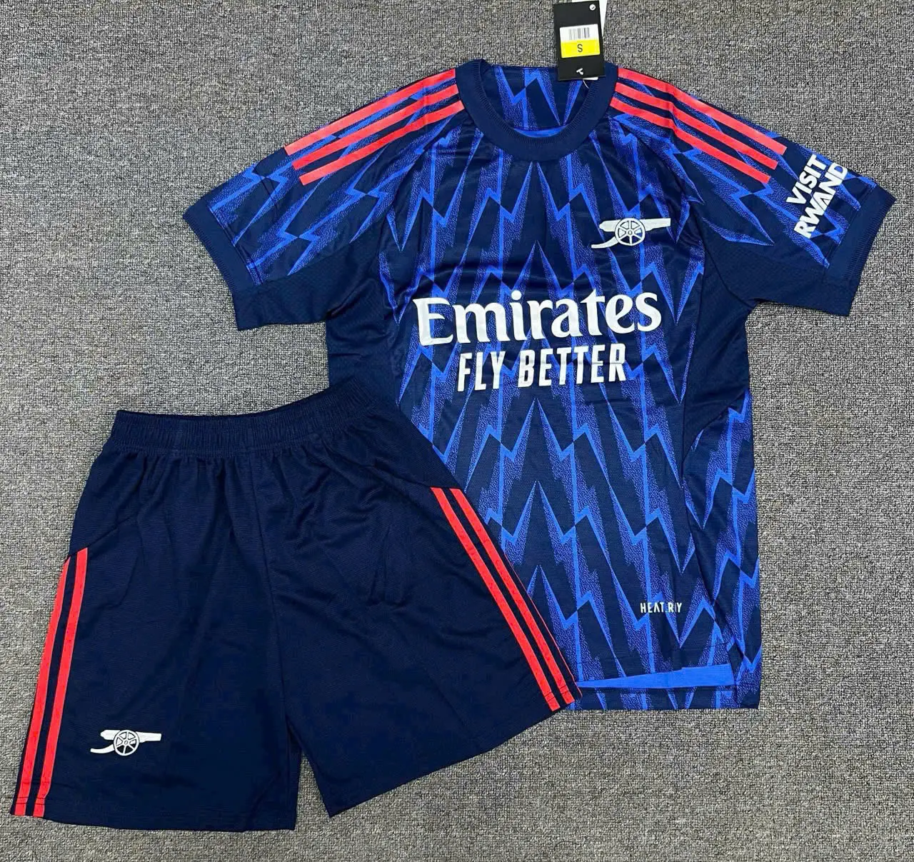 Emirates Fly Better Soccer Jersey & Shorts Set with Red Stripes and Logo