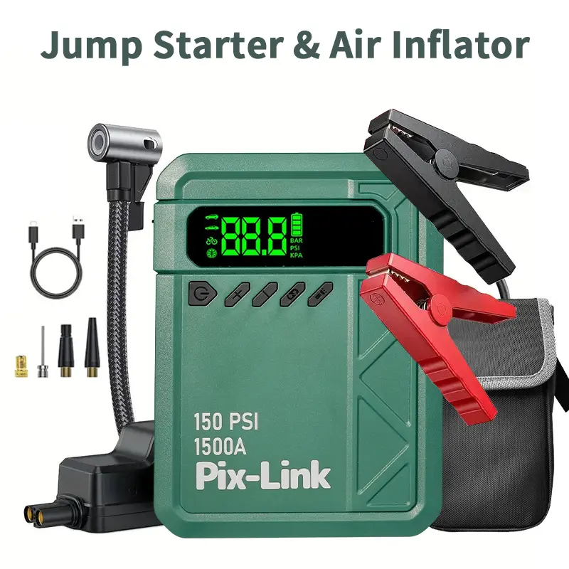 Portable Car Jump Starter with Tire Inflator, 1500A Peak Power, 150 PSI Air Compressor, 10000mAh Battery, Digital Display, 3 Light Modes, for Road Trips & Outdoor Use