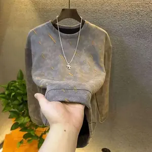 Fleece-Lined Thickened Meteor Autumn Winter New Men's and Women's Top Light Luxury High-End Long-Sleeve Sweatshirt Distressed Round Neck T-Shirt