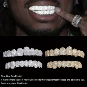 2pcs/ SET Unisex Hip Hop Dazzling Cubic Synthetic Zirconia Teeth Grills 20 Teeth Top Plus Bottom Grills Dental Mouth Punk Tooth Caps Cosplayer Accessory Rapper Jewelry Oral