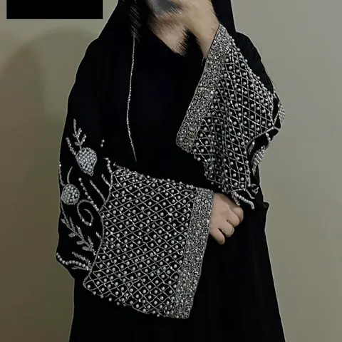 Women's 2-Piece Modesty Abaya Set - Luxury Open Front Abaya Outer Robe, Long Sleeve Diamond Lattice Embellished Cardigan, Matching Shawl, Crystal Shoulders, Hand-Set Shine, Maxi Dramatic Drape for Weddings