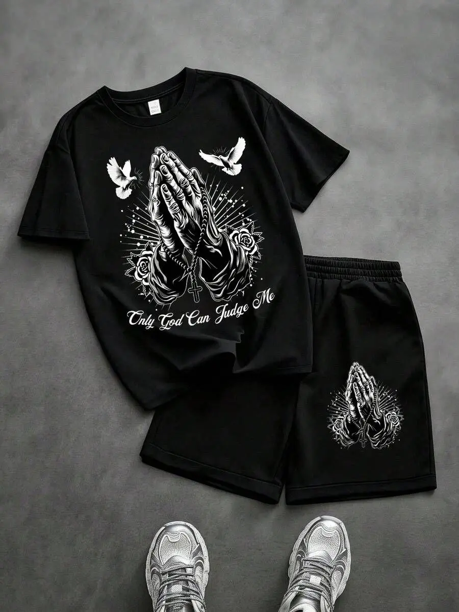 Boys' 2-Piece Faith Streetwear Set (Ages 4-16) - Elastane, Relaxed Cut Oversized Short-Sleeve T-Shirt with Bold Praying Hands & "Only God… Can Judge Me" Graphic, Black Lounge Shorts Casual Summer Outfit