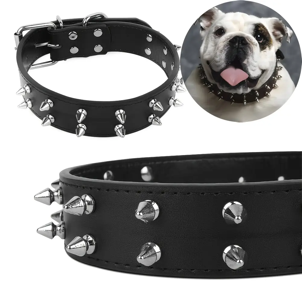 PU Leather Adjustable Geometric Spiked Dog Collars & Leads - Spike Rivets, Bullet Rivets, Anti-Bite Grip, Soft Fit, Detachable, Adjustable Size, Large, No Pendant (Medium Option Available), Non-Slip