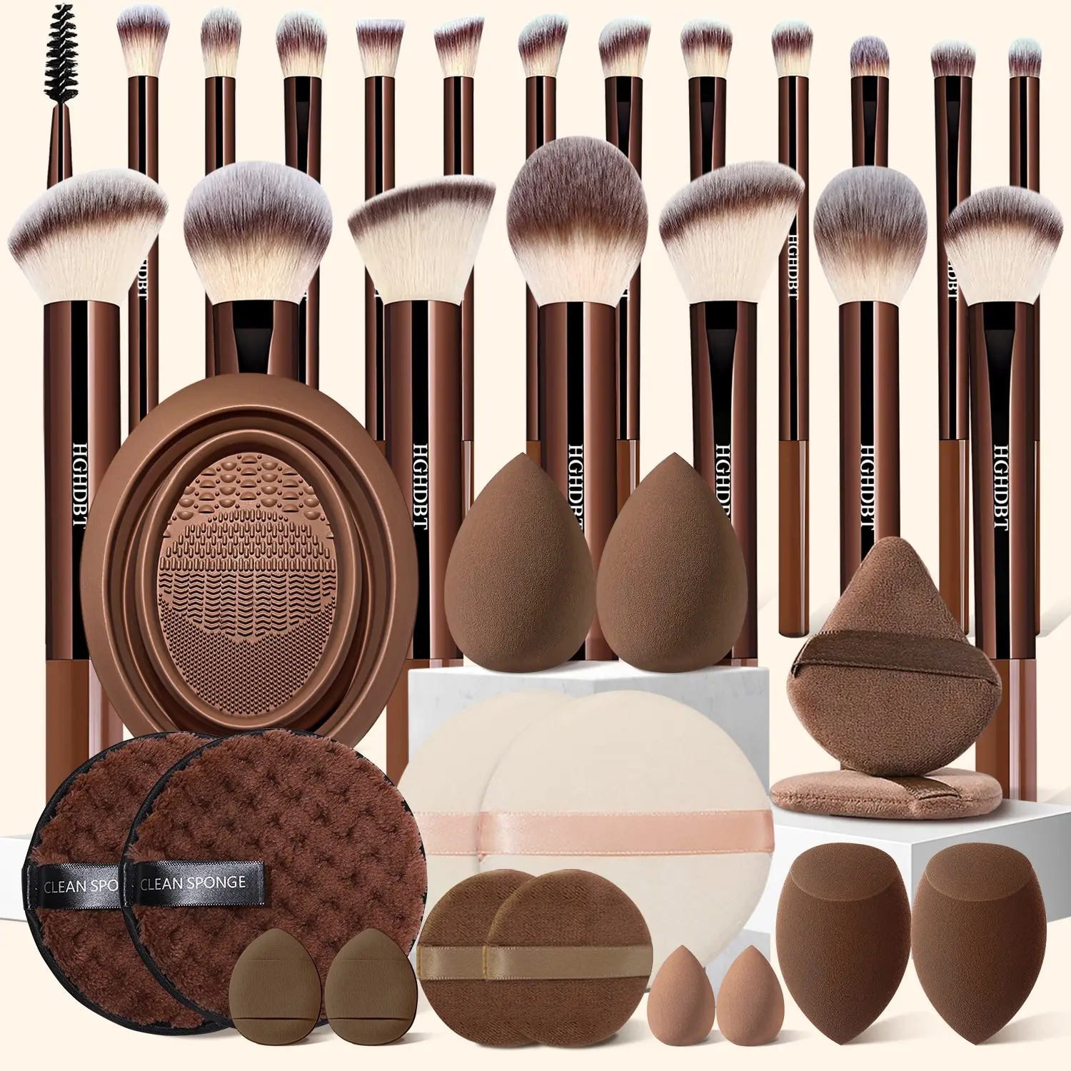 37-Pcs Brown Makeup Kit, Facial Makeup Tool, Cosmetic Makeup Tool, Features a Collection of Synthetic Brushes, Multiple Sponges, Makeup Puffs, Essential Brush Cleaning Tools, and Makeup Brush Washer, The Brown Makeup Accessory Set for All Skill Levels