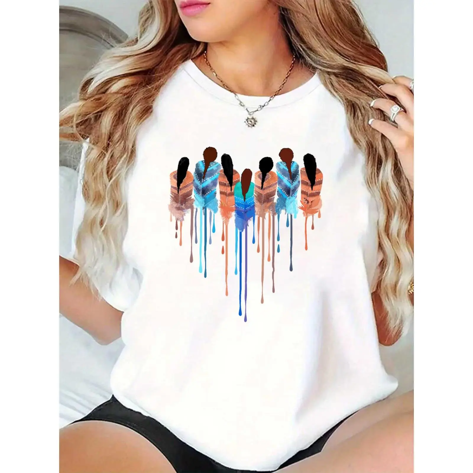 Women's White Round Neck Essential Basic T-Shirt - Boho Colorful Feather Drip Print, Casual Fit Summer Top for Day Wear & Vacations, Comfortable, Elegant, Feminine, Ladies, Cotton, Short, Simple, Sleeve, Tee