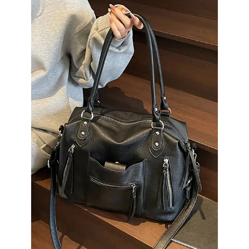 Women's Retro PU Leather Tote Bag - Casual Wear Trendy Textured Commuter Bag, Plain 1-Shoulder Crossbody Satchel for Daily Commute, Short-Term Travel