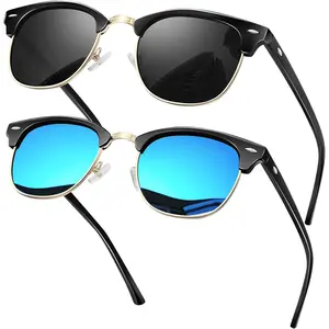 Semi Rimless Polarized Sunglasses for Men Women Browline Sun Glasses with UV400 Half Frame Shades 2 Pack