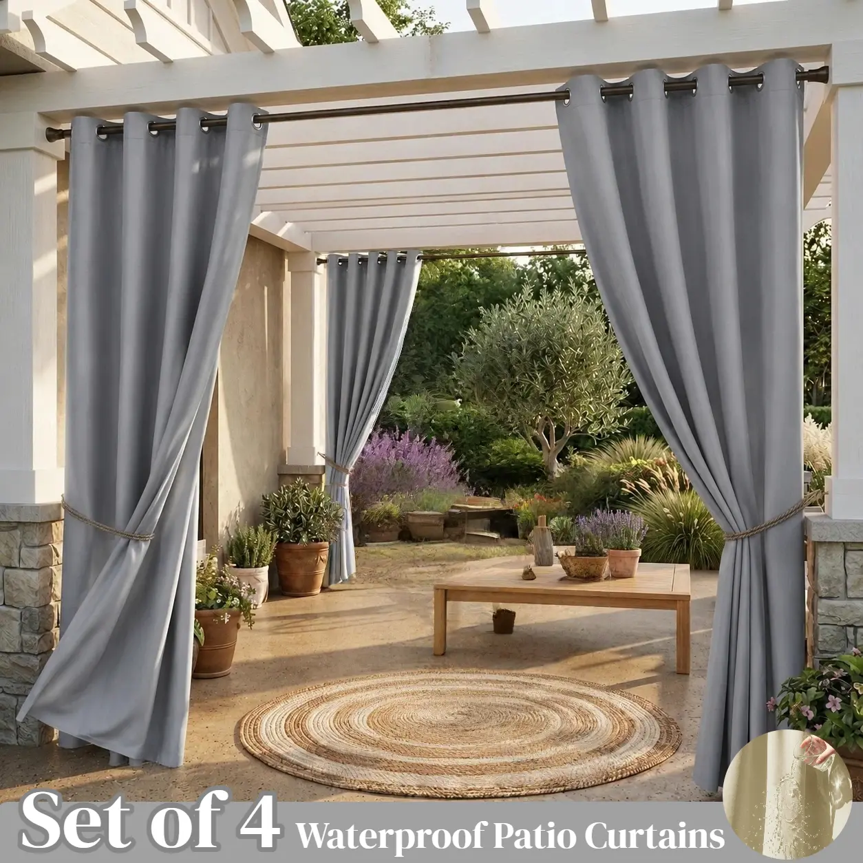 4 Panel Outdoor  Curtains , Waterproof backing , UV & Fade Resistant, Heat Insulated, Perfect for Patio, Pool, Balcony, Gazebo & Pergola