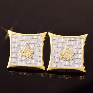 15MM Freemasonry Earring Screw Back Iced Out Cubic Zirconia Men Women Square Stud Earring Hip Hop Jewelry Best Gift  street style