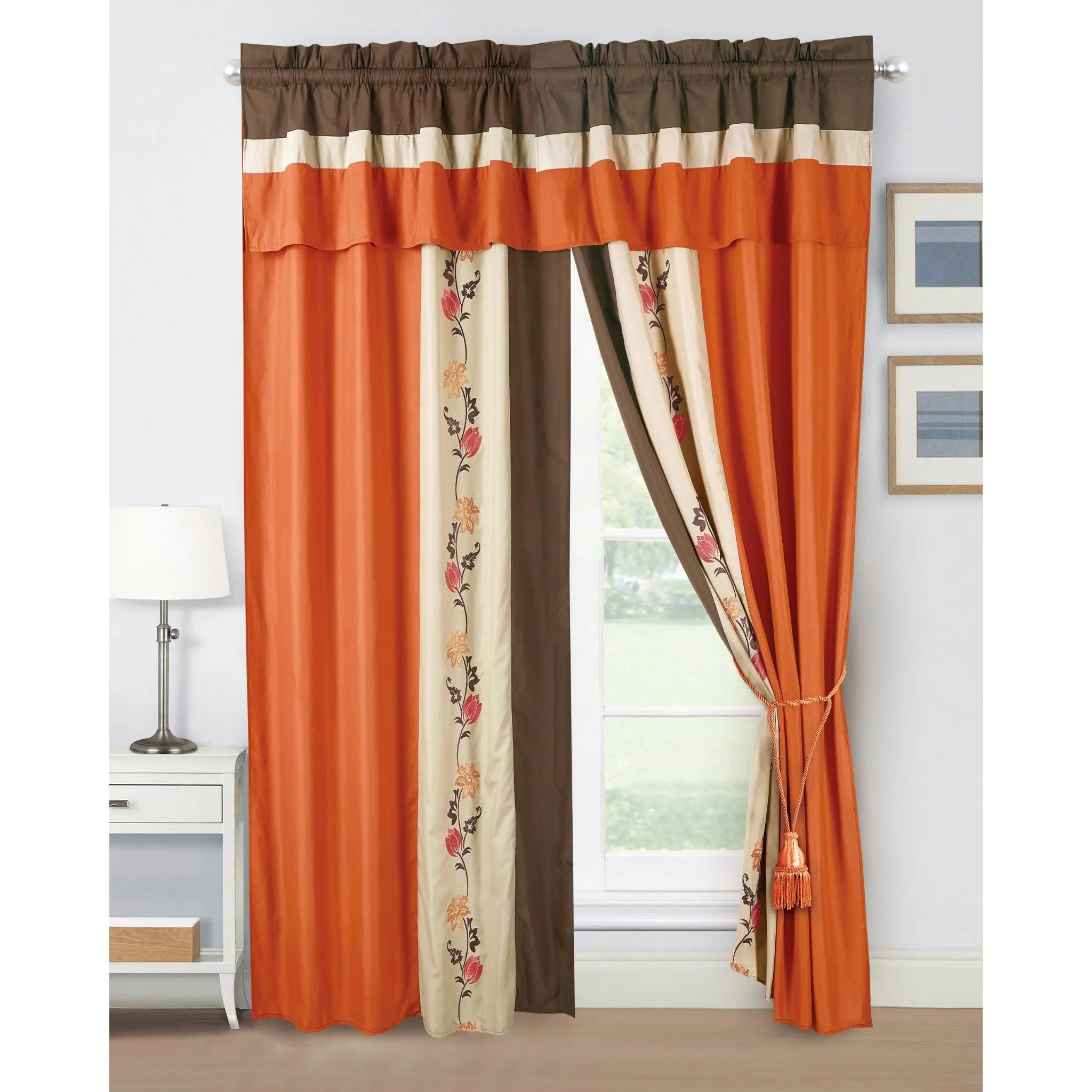 Chezmoi Collection 4-Piece Autumn Floral Embroidery Detail Window Curtain Set - Stripes, Valance, Orange/Brown/Taupe, Bedroom Use, Machine Washable, OEKO-TEX Standard 100 Factory Certified