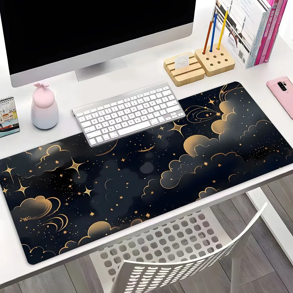 Black Gold Cloud Star Moon Celestial XXL Extended Gaming Mouse Pad, Dreamy Aesthetic Desk Decor, Non-Slip Rubber Desk Mat with Stitched Lock Edge, Washable Keyboard Pad for PC Gaming & Home Office, Perfect Gift for Celestial & Boho Style Fans