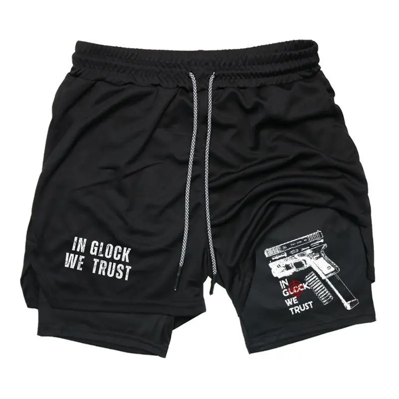 [Vibe] IN GLOCK WE TRUST 80s 90s summer men shorts for men jorts outfit men graphic shorts Double-layer sports shorts Graphic 2-in-1 shorts Comfortable short shorts summer