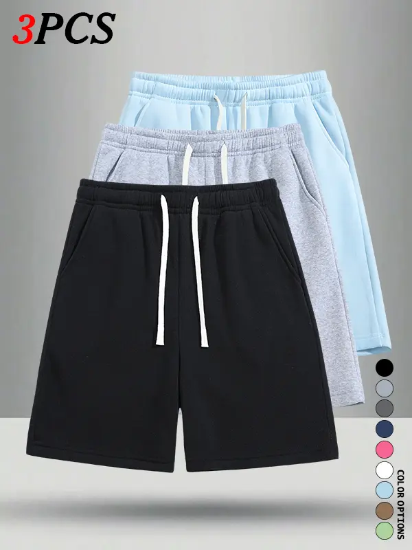 3-pack lightweight, breathable men’s summer shorts—loose fit with no tight feel; simple, elegant design. Suitable for household chores, slow walks, short trips/outings, and sports.