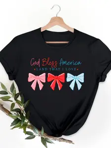 Women's Patriotic "God Bless America" T-Shirt with Red White & Blue Bow Print - Soft Breathable Round Neck Casual Summer Top for 4th of July Independence Day & Casual Attire - Machine Washable American Flag Apparel