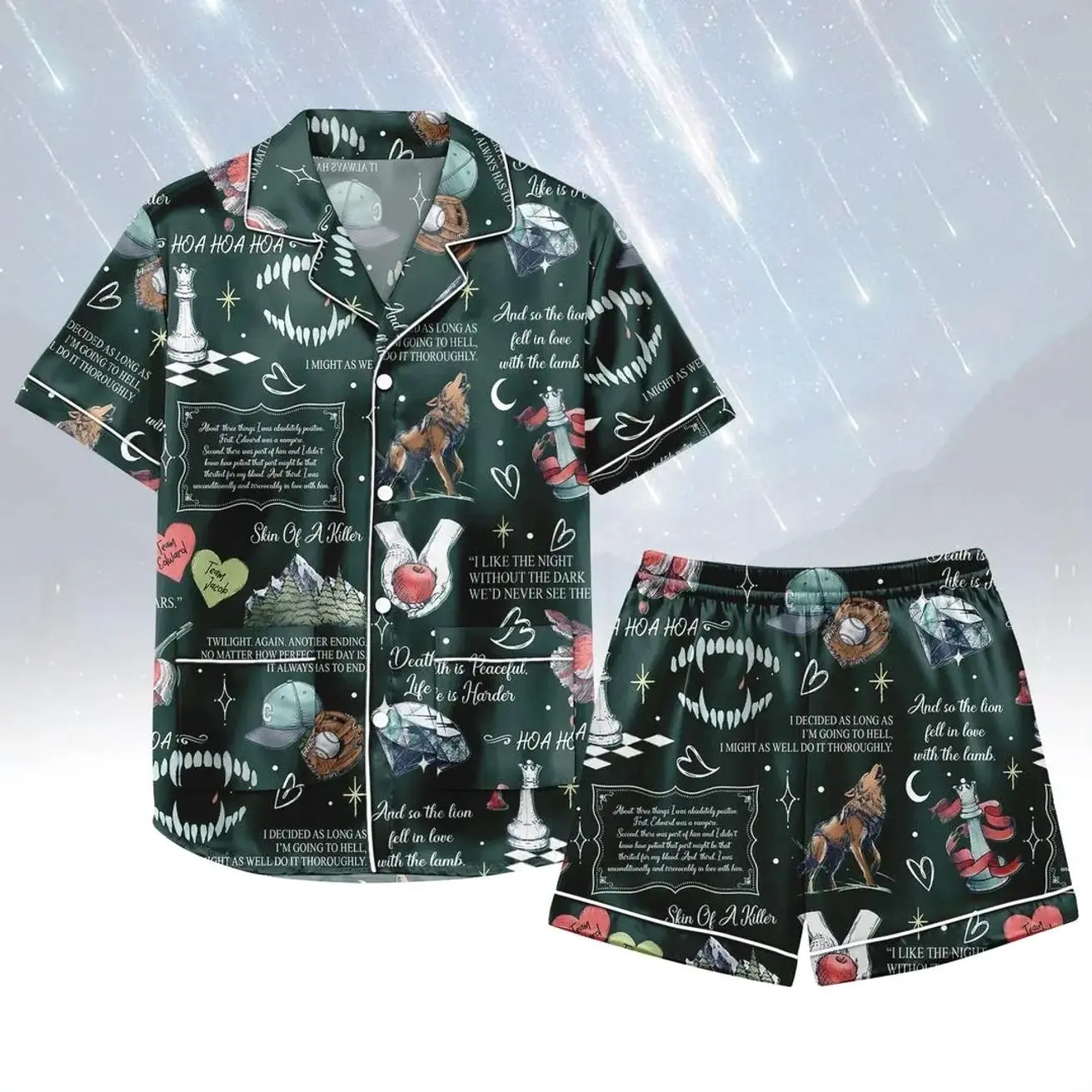 Vampire Short Satin PJs Set, TwiIight Satin Pajamas, Dark Night Short Pajama Set, Women Pyjama, Gift for Her