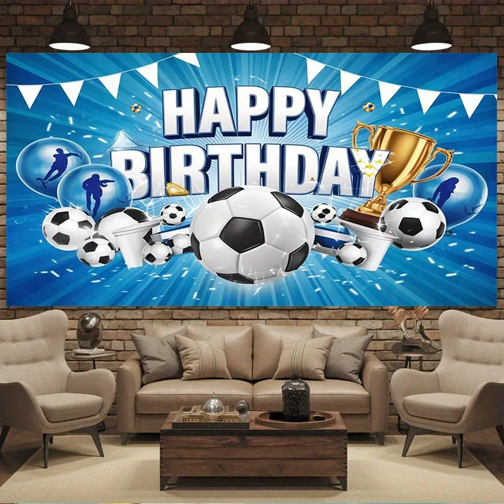 2D Flat Polyester Photography Backdrop Flat Sheet, HD Digital Print Blue Football Theme Party Decor Banner for Football Fashion Watch Parties, Happy Birthday, Soft Lightweight Foldable All-Season Cloth with Golden Trophy, Player Silhouettes, Bunting Flags